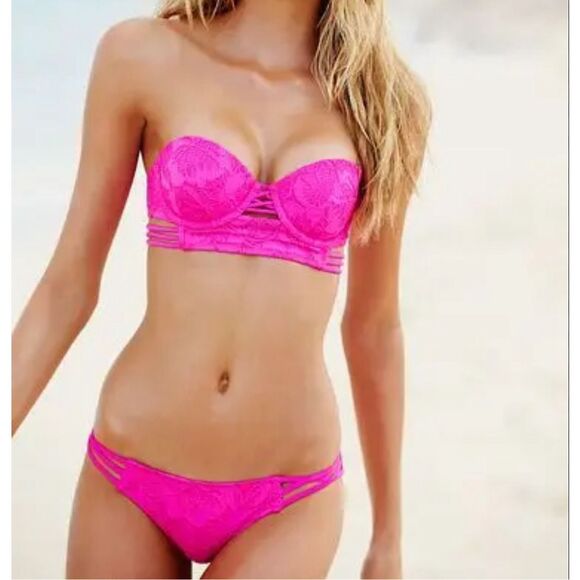 Victoria's Secret Other - Victoria’s Secret Hot Pink Strappy Lace Bikini Size 32C Strapless Top/ S Bottom